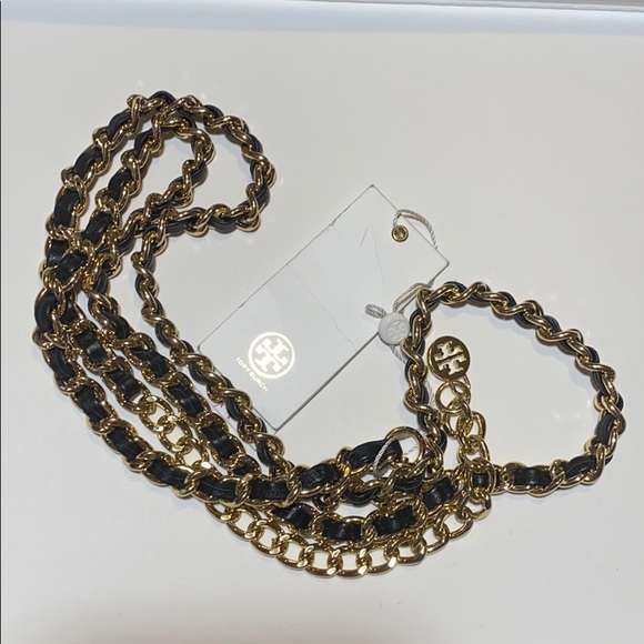 Tory Burch Leather and Chain Belt Black/Gold Large - Picture 2 of 3